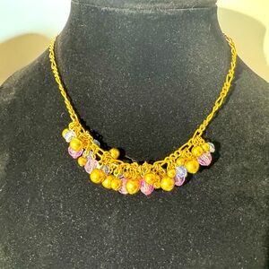 16” Goldtone Choker/Necklace with a cluster of purple, blue and gold beads.